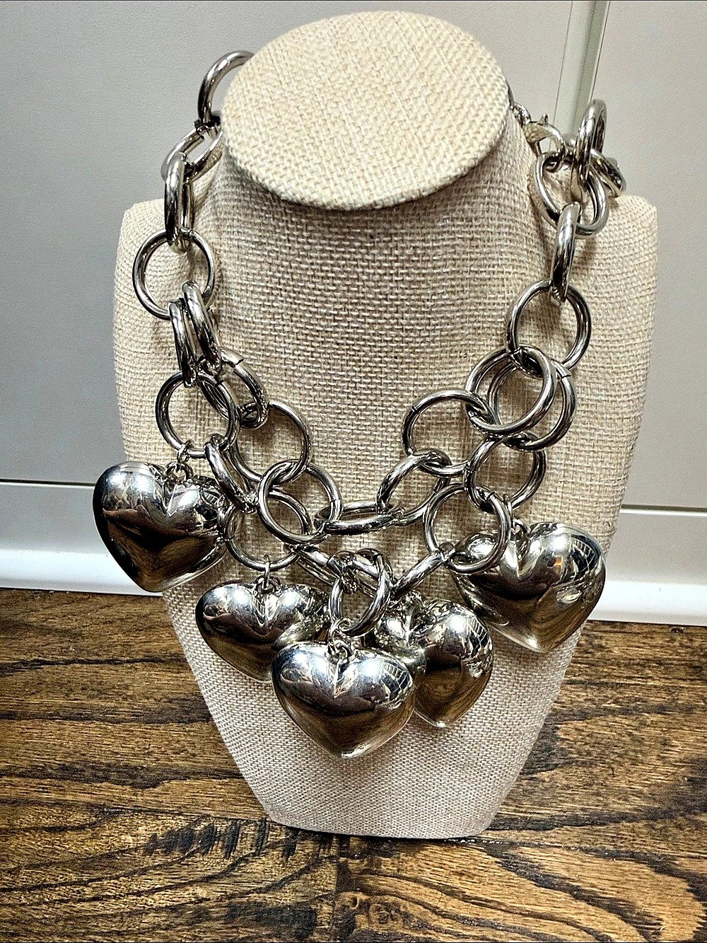 Silver Heart Pendant Statement Necklace